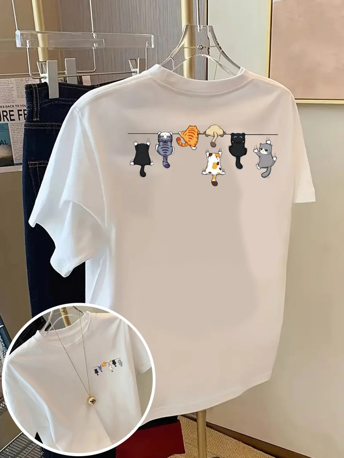 Cartoons Cats Prints T-Shirts Summer Womens Cotton T Shirts Basic O-Neck Oversized Short Sleeve Tops Casual Street Woman Clothes
