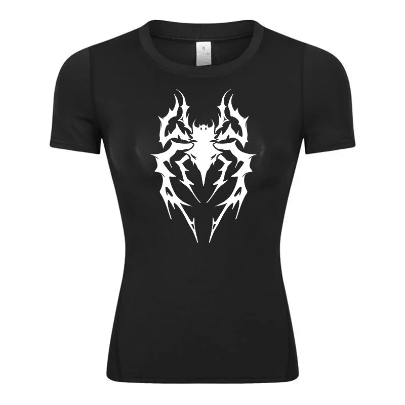 Spider Print Short Sleeve Compression Shirt for Women Athletic Running Workout Yoga T-Shirt Tees Baselayer Tops Gym Sports Gear