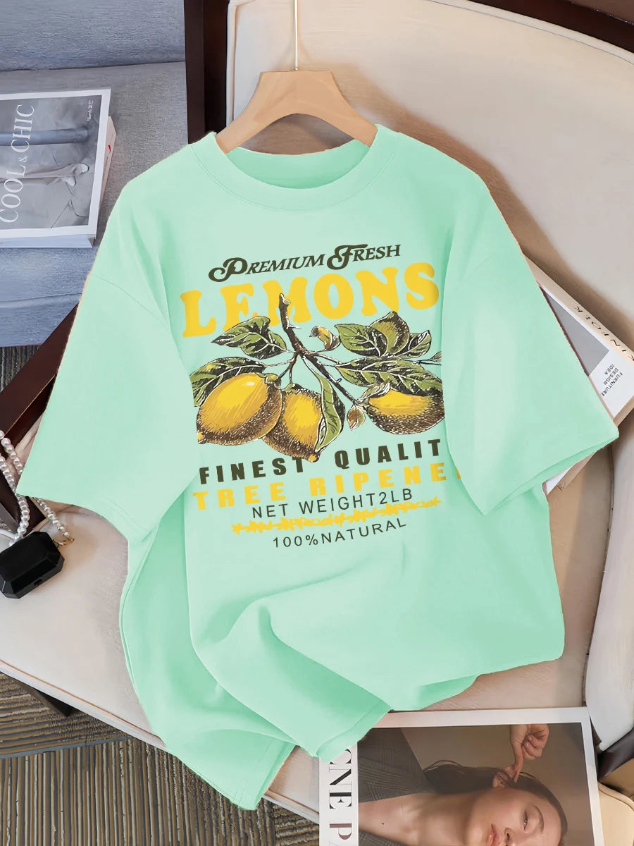 Lemons Fruits Premium Fresh Printing T Shirt Woman Loose Cotton Sportswear O-Neck Casual T Shirts Loose All-Match Short Sleeve