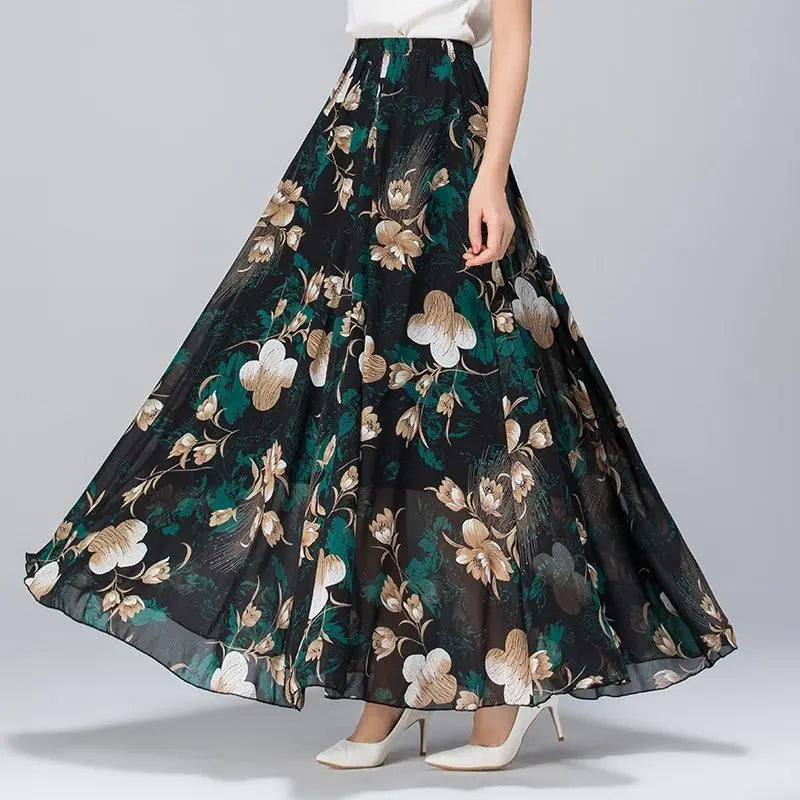 High Waist Skirts Womens Summer 2026 spring Elastic Waist Midi Full Long Skirt Print Mother Dance Skirts Swing Chiffon Skirt