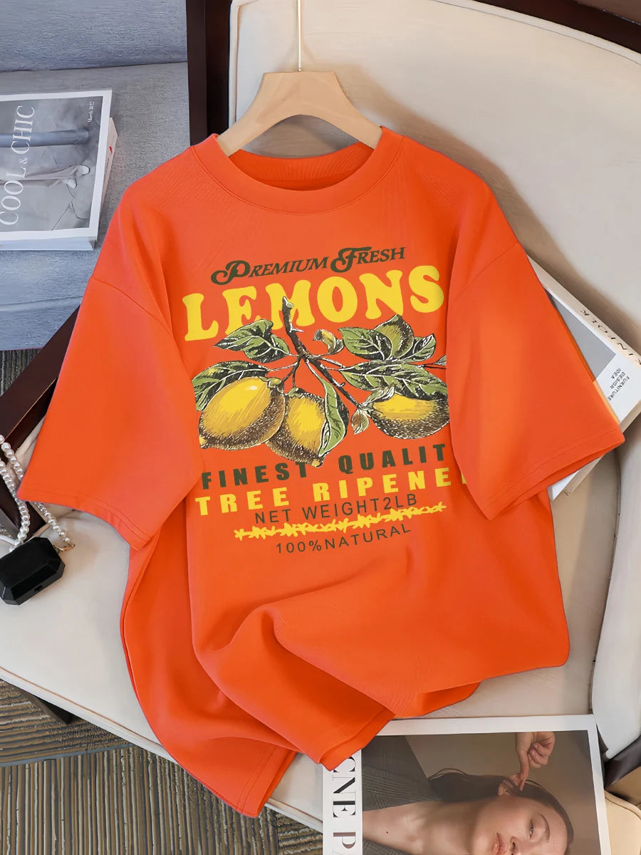 Lemons Fruits Premium Fresh Printing T Shirt Woman Loose Cotton Sportswear O-Neck Casual T Shirts Loose All-Match Short Sleeve