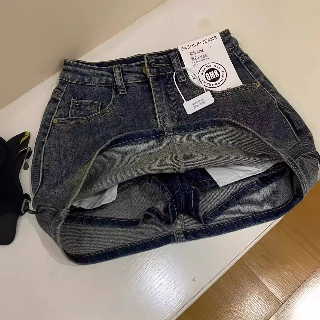 2026 New Spring Summer Denim Mini Skirt Women Retro High Waist Slim A-Line Package Hip Skirt Pants Hot Girl Trendy Streetwear
