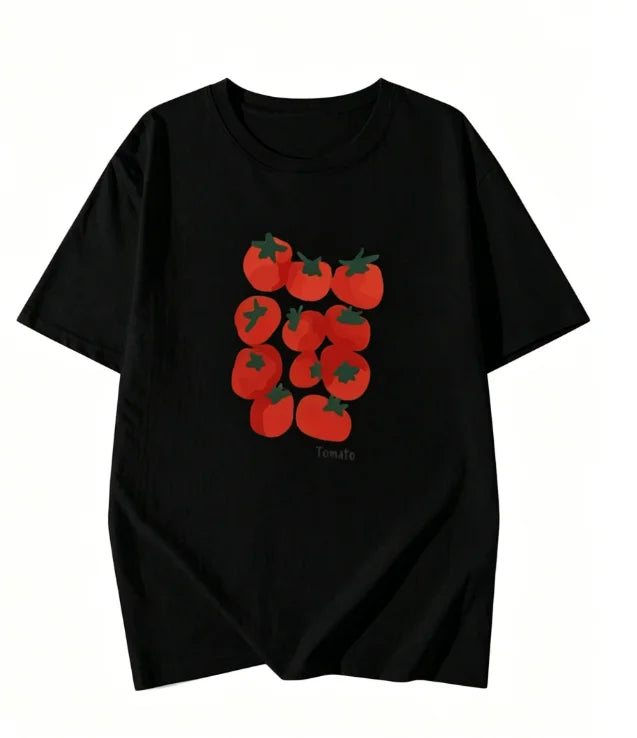 Cute Tomato Print Short Sleeve T-shirt Versatile Minimalist Crew Neck Tee Casual Korean Style Food Graphic Top for Women Girl