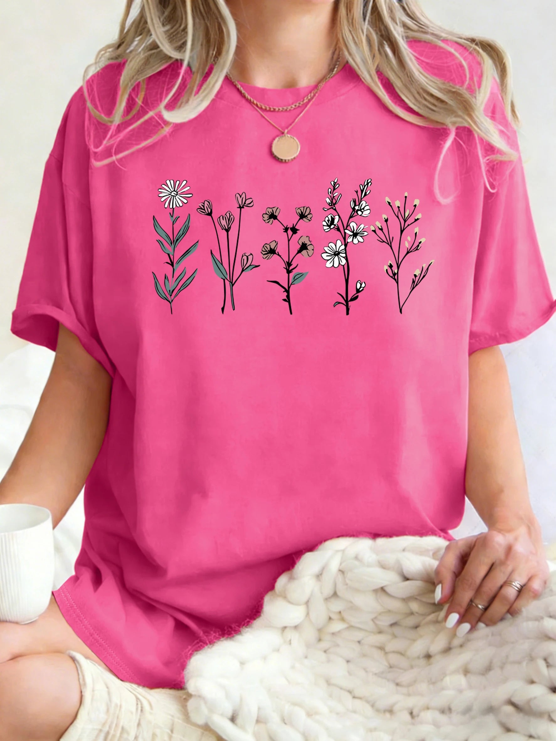 All Kinds Of Beautiful Flowers Printed T-Shirt Women Cotton Loose T Shirts All-Match Summer Clothing Comfortable Y2K Streetwear