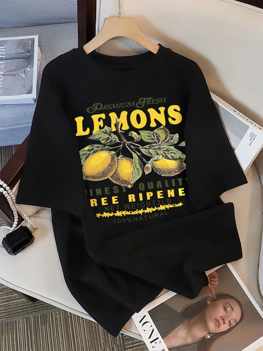 Lemons Fruits Premium Fresh Printing T Shirt Woman Loose Cotton Sportswear O-Neck Casual T Shirts Loose All-Match Short Sleeve