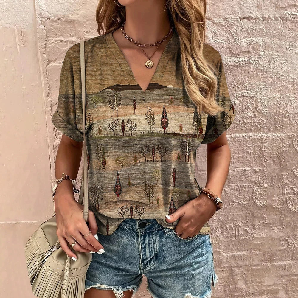 3D Vintage Graphic Women's V-Neck T-Shirt Summer Outdoor Street Daily Harajuku Style Y2K Short Sleeve Tees Fashion Loose Clothes