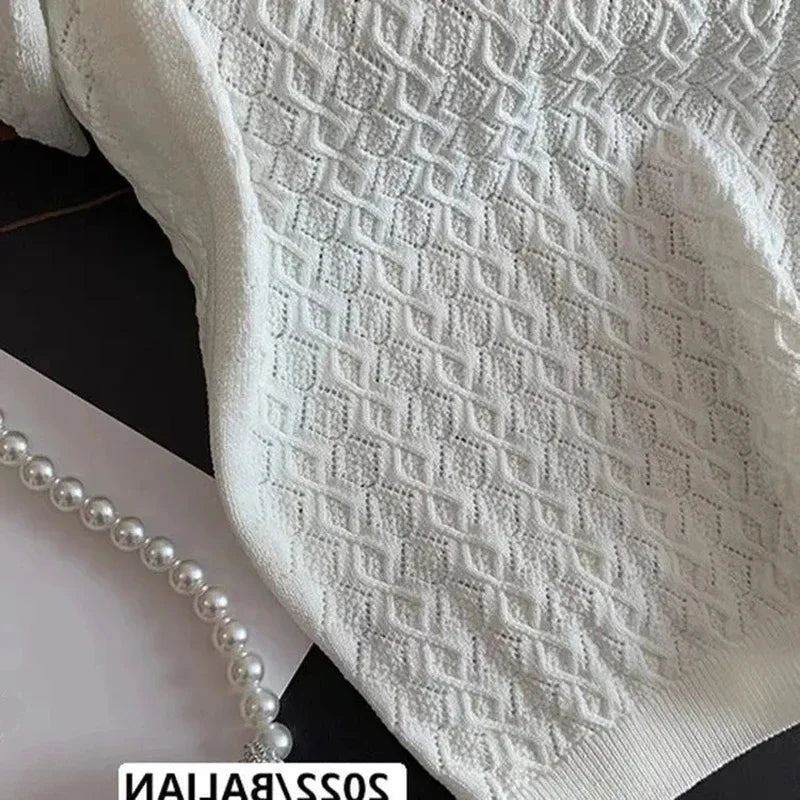 FANAN Ice Silk Polo Shirt Knitted Short Sleeve T-Shirts Lady New Chic Thin Unique Jacquard Women Tops 2025 Korean Style Clothing