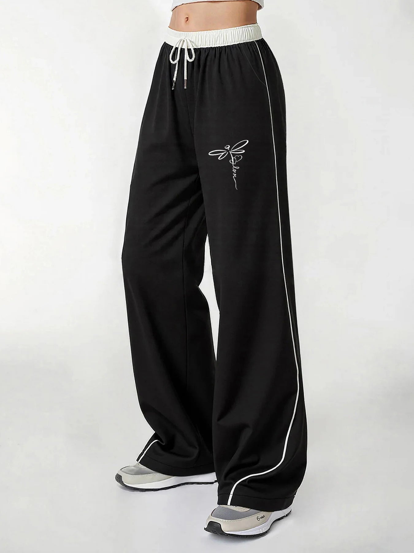 Women's Casual Pants, a Must-Have for Trendy Looks, Summer Fresh Artistic Style with Dragonfly Love Line Print, Color-Blocked Wide-Leg Casual Pants with White Side Stripe Design, Loose Fit with Strong Drape Effect, Slimming a