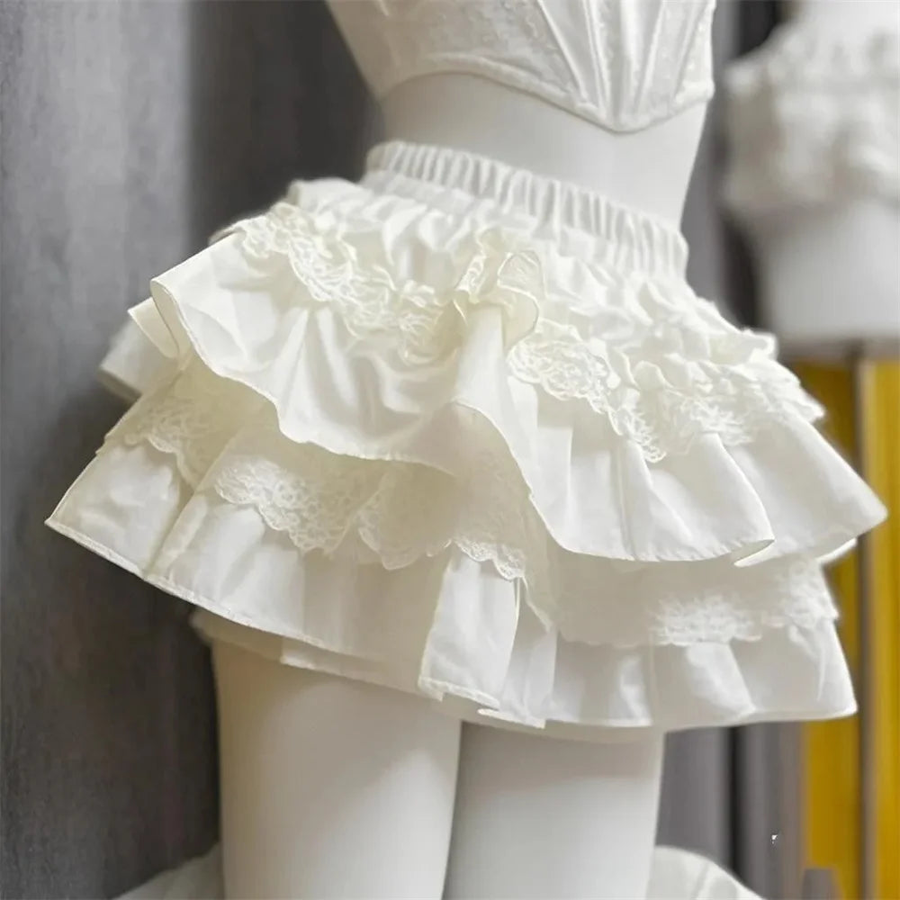 Sweet Lace Patchwork Slim Mini Skirts Lolita Sweet White Cake Skirt Women High Waist Japan Kawaii Spring Summer Ball Gown Skirt