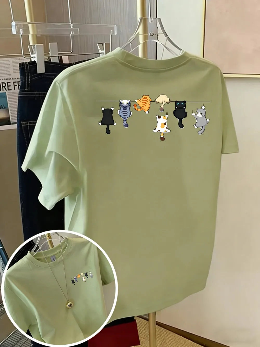 Cartoons Cats Prints T-Shirts Summer Womens Cotton T Shirts Basic O-Neck Oversized Short Sleeve Tops Casual Street Woman Clothes