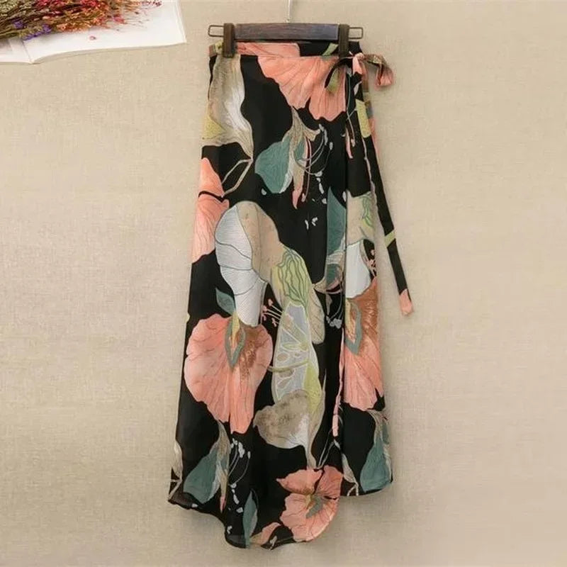 One Piece Split Print Lace Wrap Y2K Skirt Holiday Women High Waist Bodycon Skirt Irregular Beach Skirt