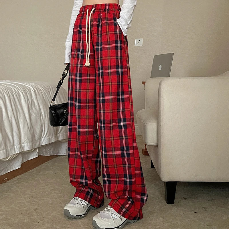 Women High Waist Y2k Loose Straight Leg Pants Lady Korean Harajuku Baggy Wide Leg Trousers Female Casual Grunge Red Plaid Slacks