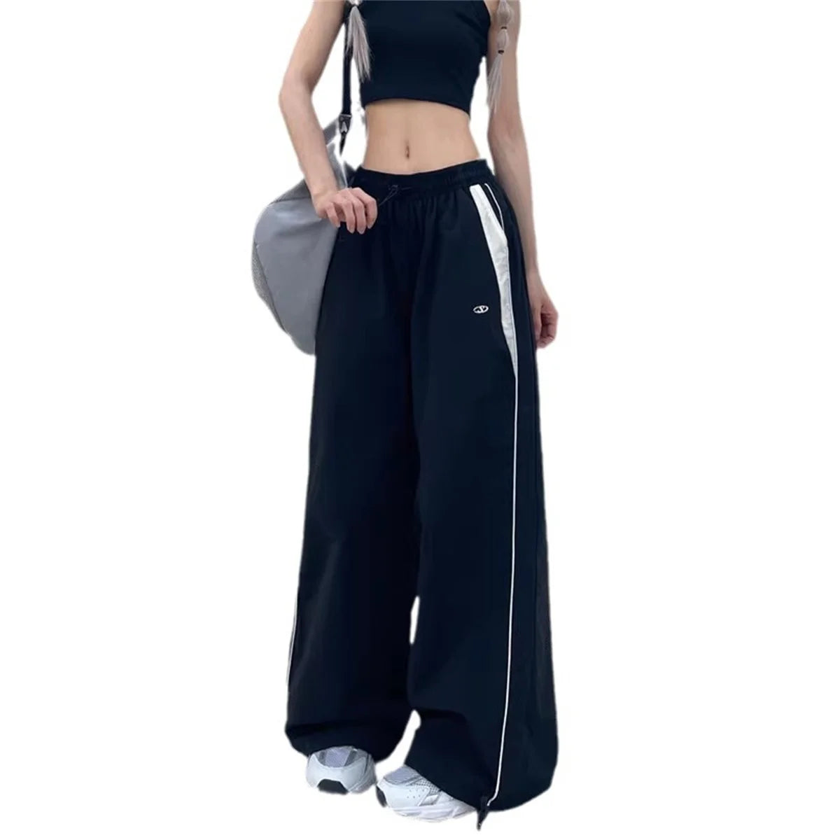 Retro Side Stripe Bowknot Wide Leg Pants Women High Waist Casual Sports Trousers Harajuku Cargo Pants Streetwear Hip Hop Joggers