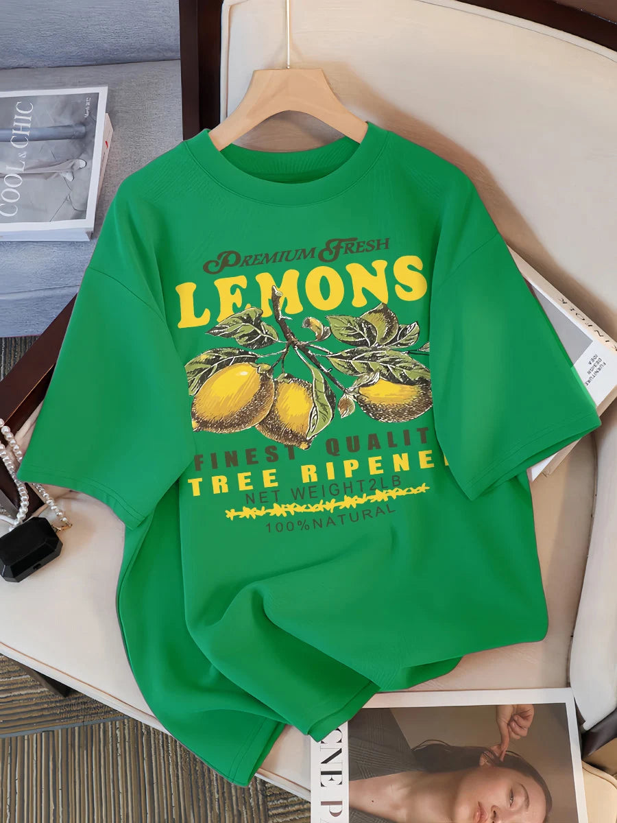 Lemons Fruits Premium Fresh Printing T Shirt Woman Loose Cotton Sportswear O-Neck Casual T Shirts Loose All-Match Short Sleeve