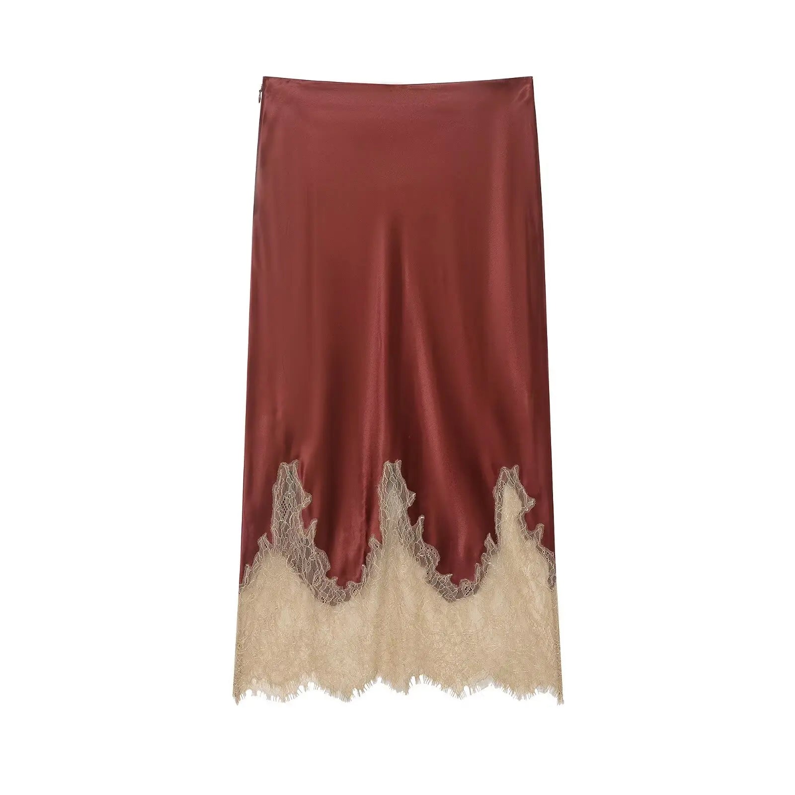 HH Women Elegant Fashion Patchwork Lace Hem Skirt Side Zipper High Waist Slim Midi Skirts 2026 Spring Summer Trend Lady Skirt