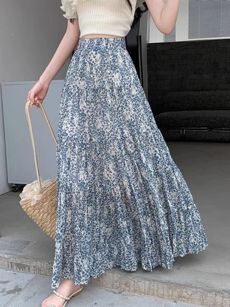 Chiffon Floral Long Skirt Women Elegant Sweet High Waist Fashion Skirts Summer Loose Casual Female Soft Pleated Chic Skirt New