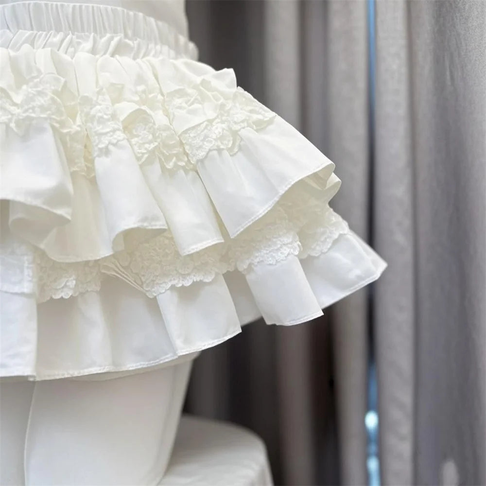 Sweet Lace Patchwork Slim Mini Skirts Lolita Sweet White Cake Skirt Women High Waist Japan Kawaii Spring Summer Ball Gown Skirt