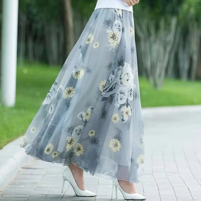 Womens Summer Autumn High Waist Skirts Elastic Waist Midi Full Long Skirt Print A-Line Mother Dance Swing Chiffon Skirt DURIKIES