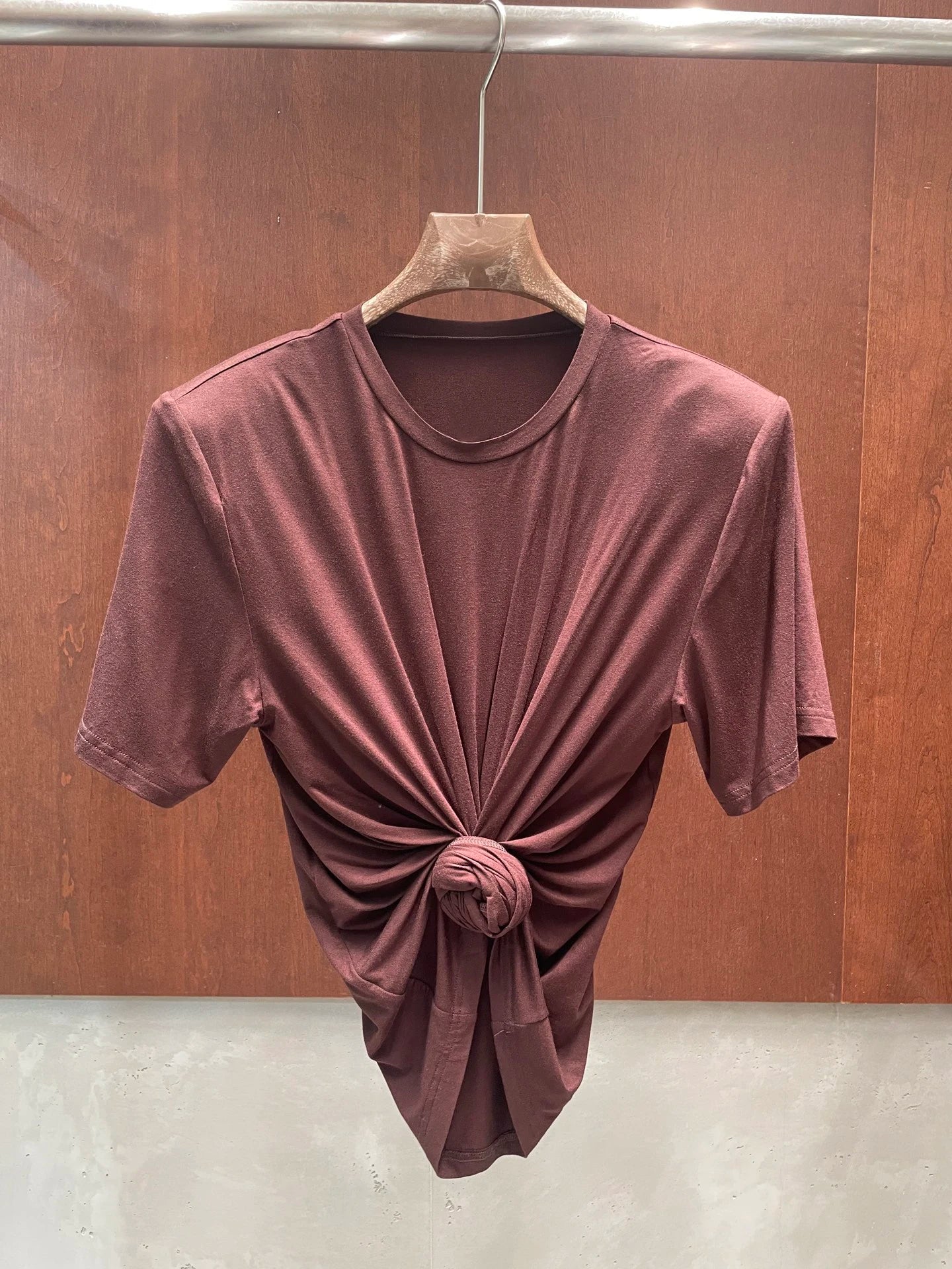 Y2K knotted twist knitted threaded round neck Top women fashionable and versatile navel padded shoulder short-sleeved T-shirt