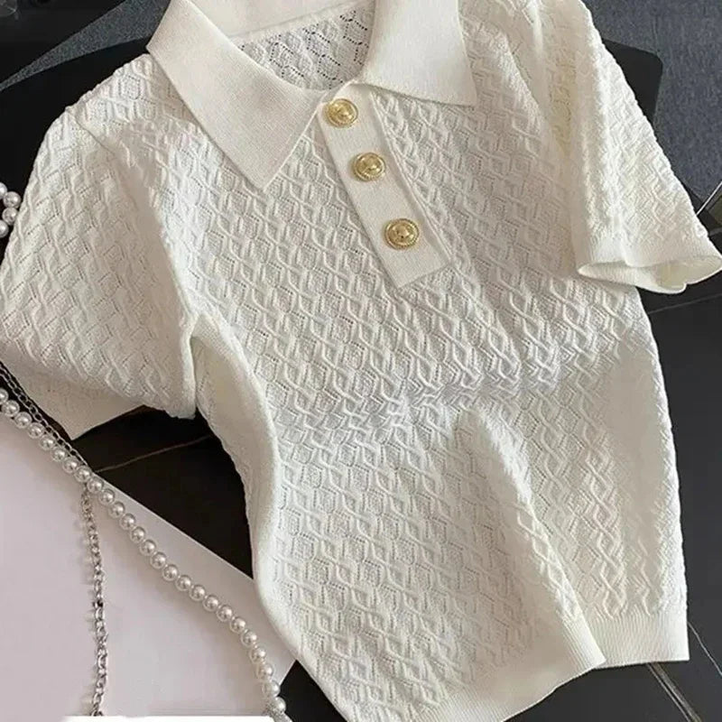 FANAN Ice Silk Polo Shirt Knitted Short Sleeve T-Shirts Lady New Chic Thin Unique Jacquard Women Tops 2025 Korean Style Clothing