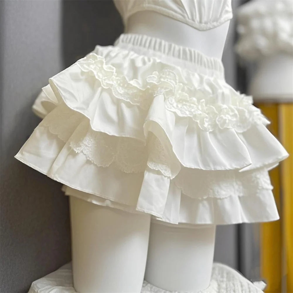 Sweet Lace Patchwork Slim Mini Skirts Lolita Sweet White Cake Skirt Women High Waist Japan Kawaii Spring Summer Ball Gown Skirt