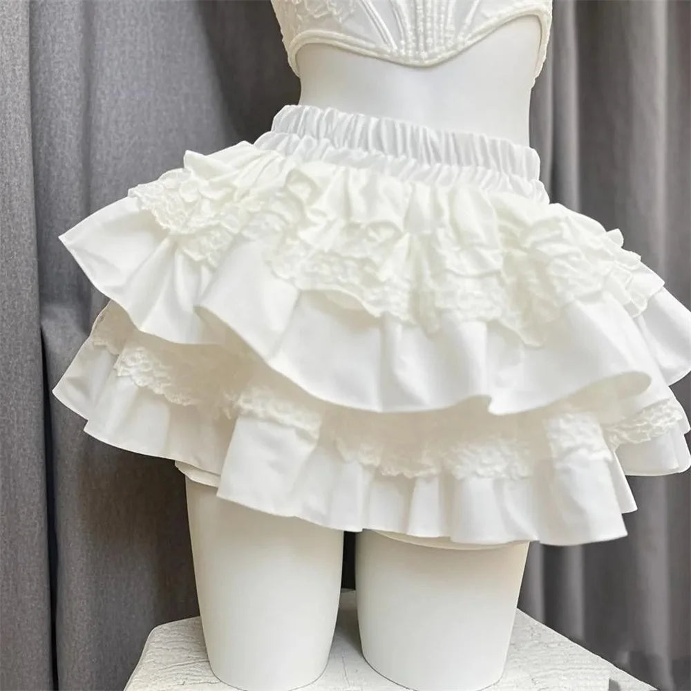 Sweet Lace Patchwork Slim Mini Skirts Lolita Sweet White Cake Skirt Women High Waist Japan Kawaii Spring Summer Ball Gown Skirt