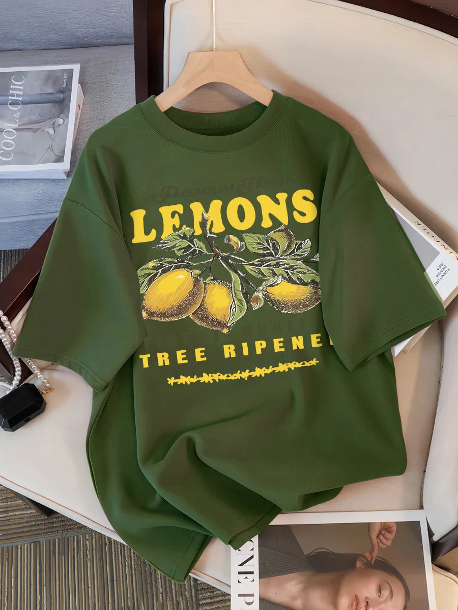 Lemons Fruits Premium Fresh Printing T Shirt Woman Loose Cotton Sportswear O-Neck Casual T Shirts Loose All-Match Short Sleeve