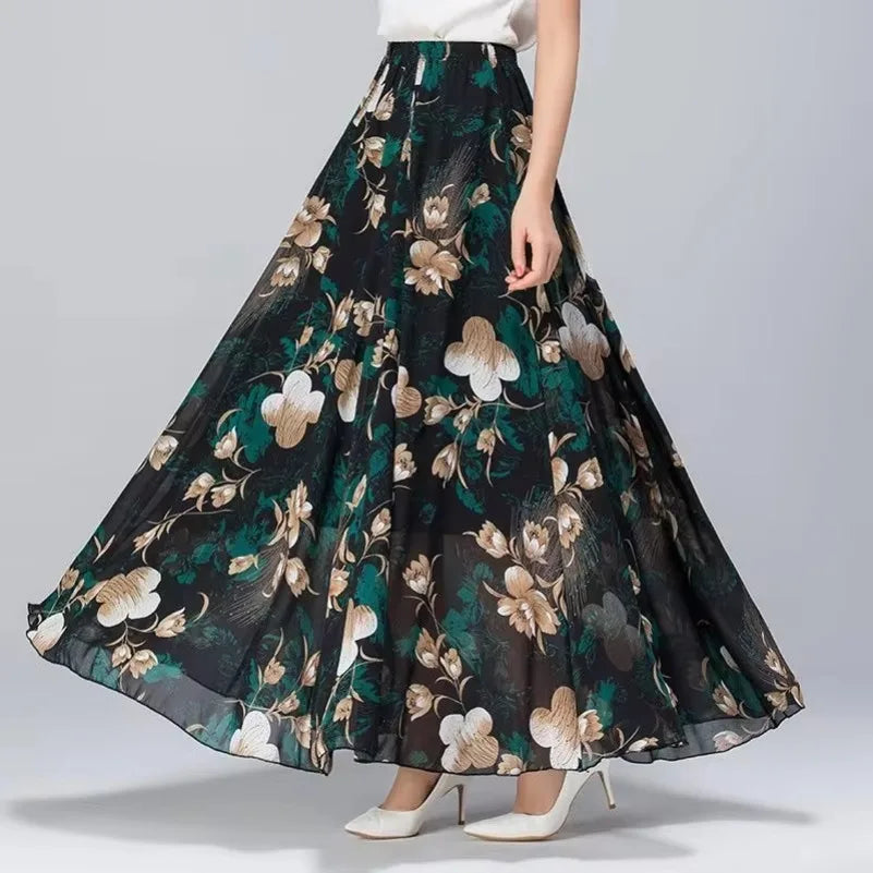 Womens Summer Autumn High Waist Skirts Elastic Waist Midi Full Long Skirt Print A-Line Mother Dance Swing Chiffon Skirt DURIKIES