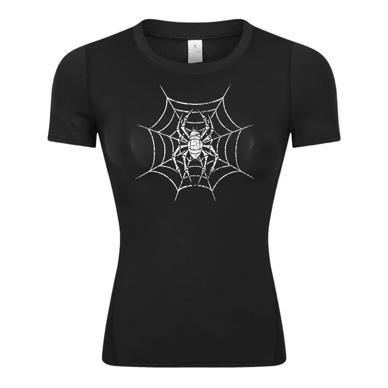 Spider Print Short Sleeve Compression Shirt for Women Athletic Running Workout Yoga T-Shirt Tees Baselayer Tops Gym Sports Gear
