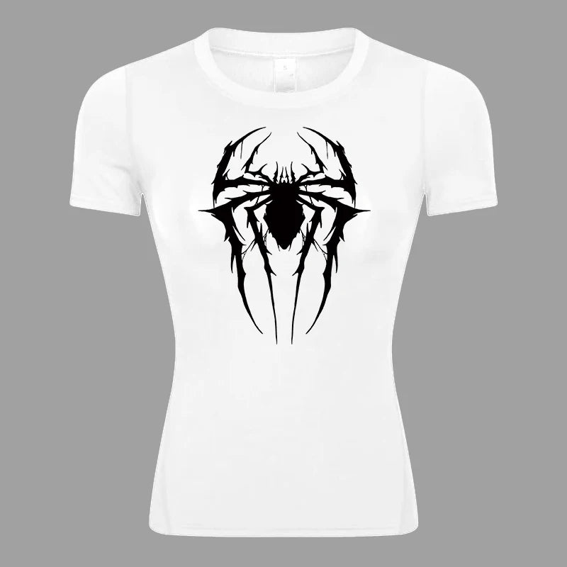 Spider Print Short Sleeve Compression Shirt for Women Athletic Running Workout Yoga T-Shirt Tees Baselayer Tops Gym Sports Gear