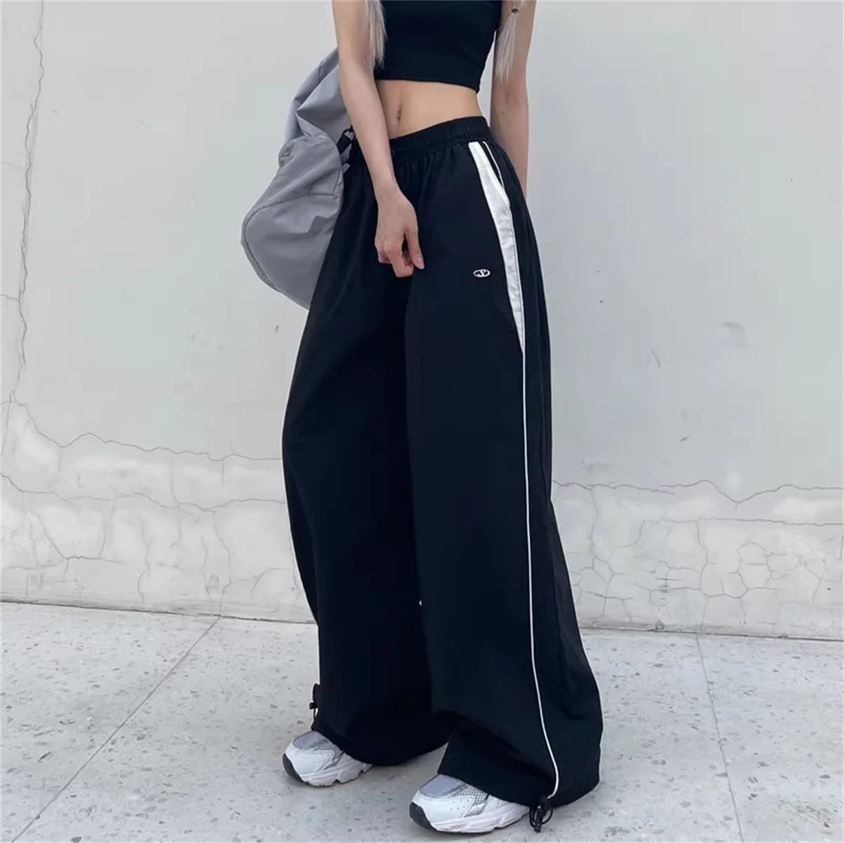 Retro Side Stripe Bowknot Wide Leg Pants Women High Waist Casual Sports Trousers Harajuku Cargo Pants Streetwear Hip Hop Joggers