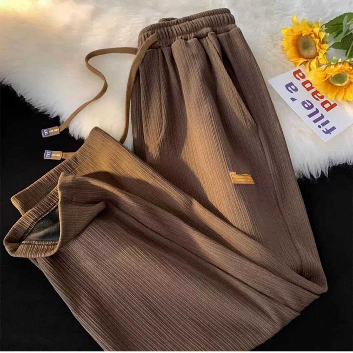 Women's Straight Pants Pleated Elastic Waist Drawstring Pocket Retro High Waisted sports Clothes Ladies' Loose Commuting Trouser