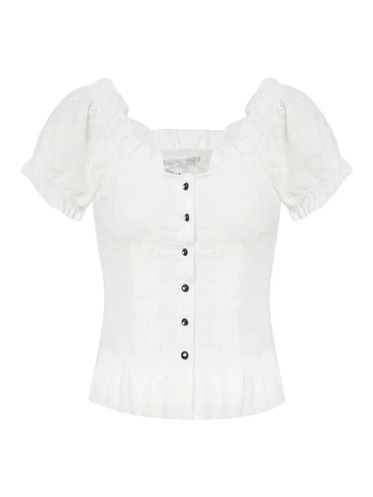 Womens Kawaii Corset Tops 2000s T-shirt Lace Trim Vintage Button V Neck Slim Tee Tops Summer y2k Shirts Harajuku