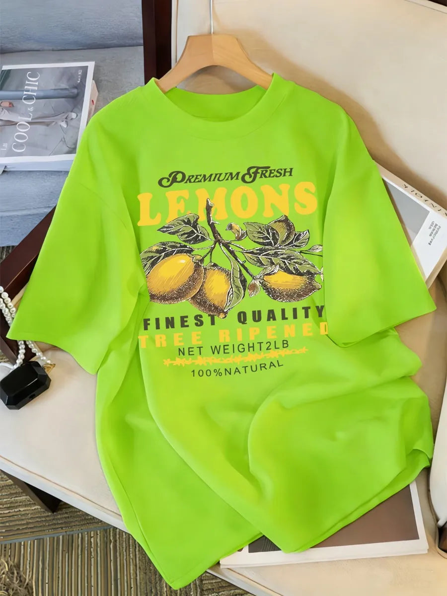 Lemons Fruits Premium Fresh Printing T Shirt Woman Loose Cotton Sportswear O-Neck Casual T Shirts Loose All-Match Short Sleeve