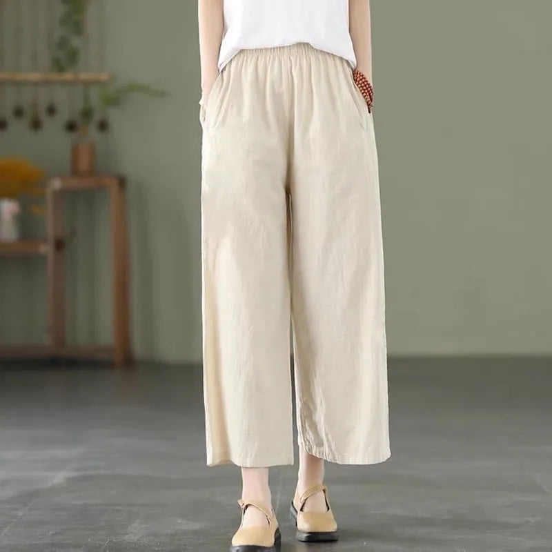 Cotton Linen Straight Leg Pants Women Summer Loose Versatile Large Size Linen Nine Points Casual Thin Ladies Trousers