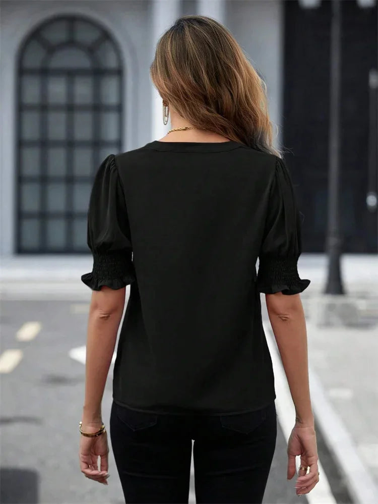 Women Summer Style Blouses Shirts Lady Casual Short Puff Sleeve V-Neck Solid Color Blouse Tops