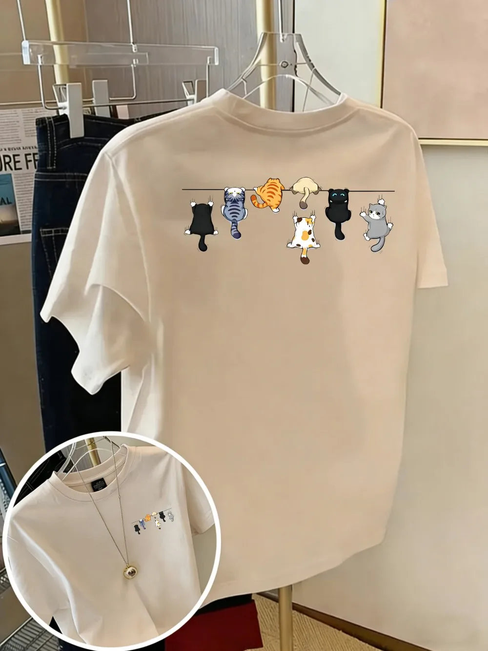Cartoons Cats Prints T-Shirts Summer Womens Cotton T Shirts Basic O-Neck Oversized Short Sleeve Tops Casual Street Woman Clothes