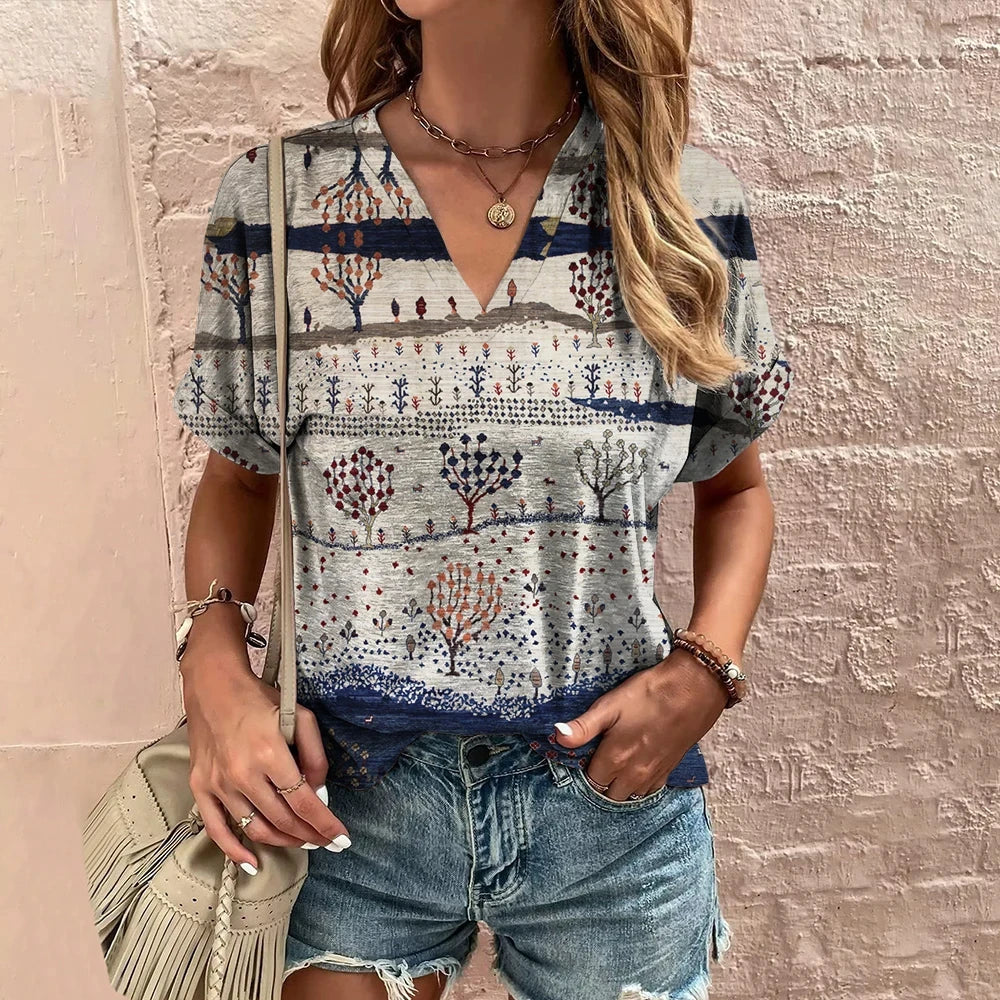 3D Vintage Graphic Women's V-Neck T-Shirt Summer Outdoor Street Daily Harajuku Style Y2K Short Sleeve Tees Fashion Loose Clothes