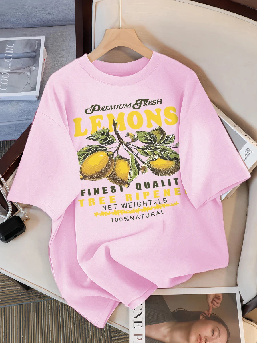 Lemons Fruits Premium Fresh Printing T Shirt Woman Loose Cotton Sportswear O-Neck Casual T Shirts Loose All-Match Short Sleeve