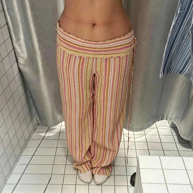 Multicolor Pastel Striped Side Tie  Low Waist Pants Flared Full Length Y2K Colorful Trousers 2026 Spring Casual Fashion Outfit