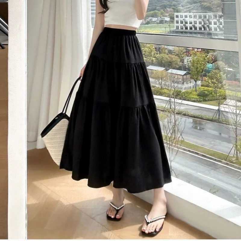 Elegant Solid A-LIne Cake Long Skirts Fashion Women Vintage High Waist Elastic Spring Dresses Office Lady Commute Chic Skirt