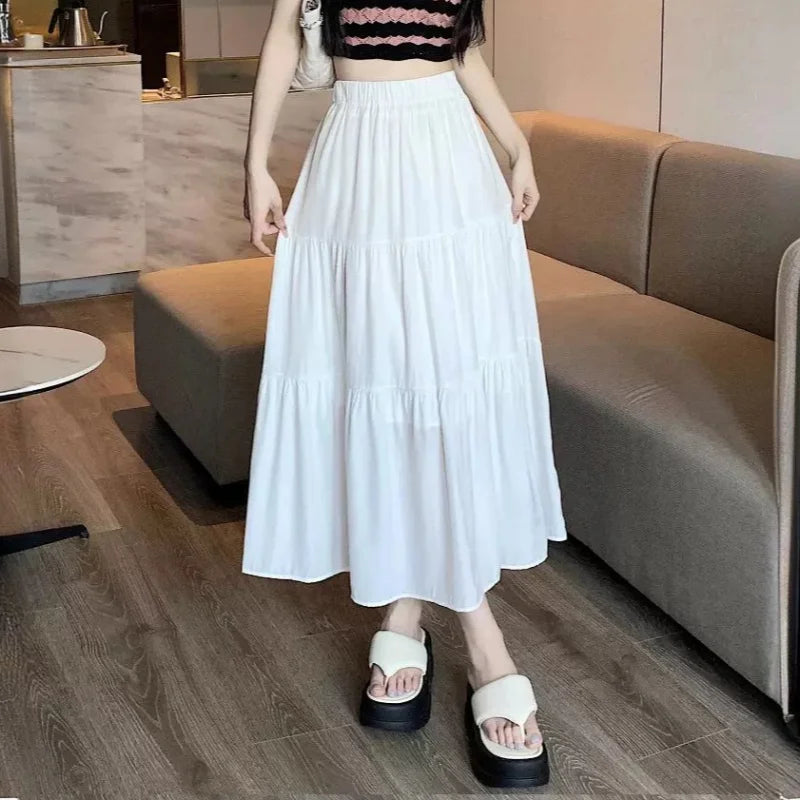 Elegant Solid A-LIne Cake Long Skirts Fashion Women Vintage High Waist Elastic Spring Dresses Office Lady Commute Chic Skirt