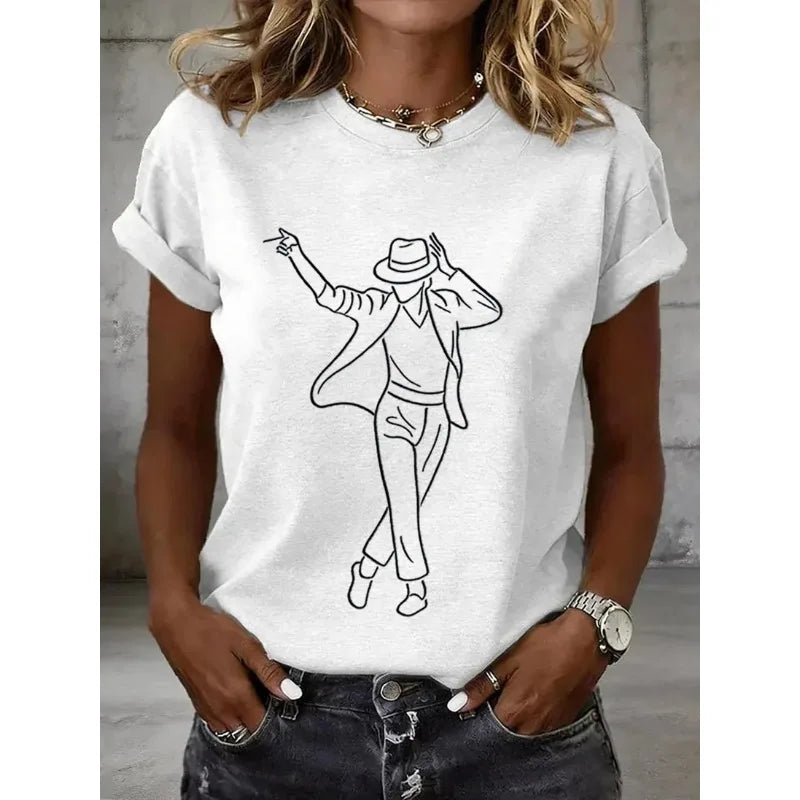 ilstile Women's King of Music Print T-Shirts Summer Short Sleeve Casual Round Neck Tops  Retro Fan Favorite Tees NEW