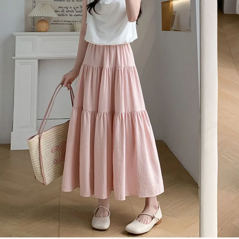 Elegant Solid A-LIne Cake Long Skirts Fashion Women Vintage High Waist Elastic Spring Dresses Office Lady Commute Chic Skirt
