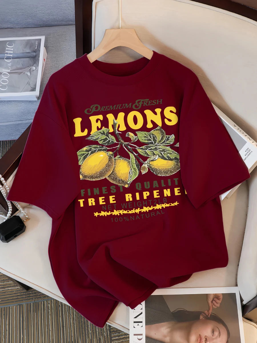 Lemons Fruits Premium Fresh Printing T Shirt Woman Loose Cotton Sportswear O-Neck Casual T Shirts Loose All-Match Short Sleeve