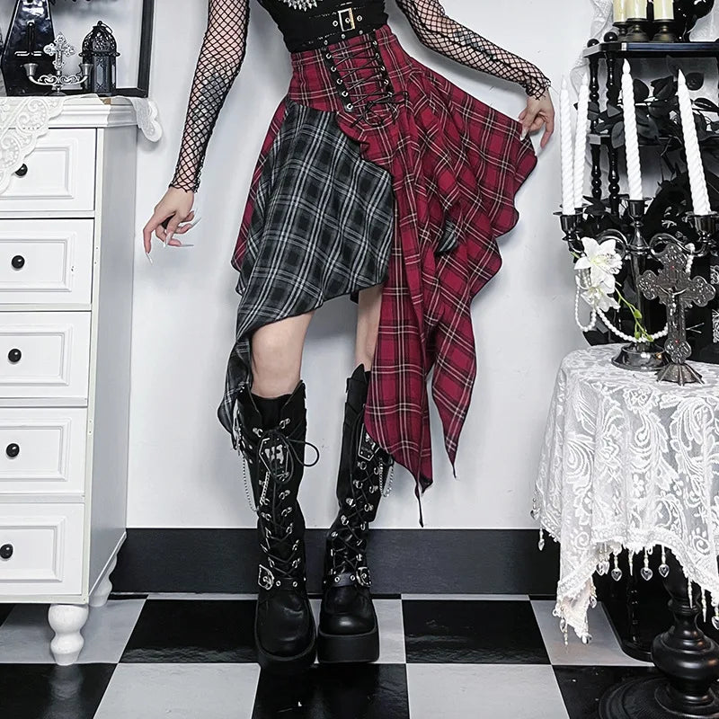 Gothic Patchwork Irregular Kpop Dance Casual Plaid Print Skirt Streetwear 2026 Harajuku Hip Hop Grunge Aesthetic Emo Punk Skirts