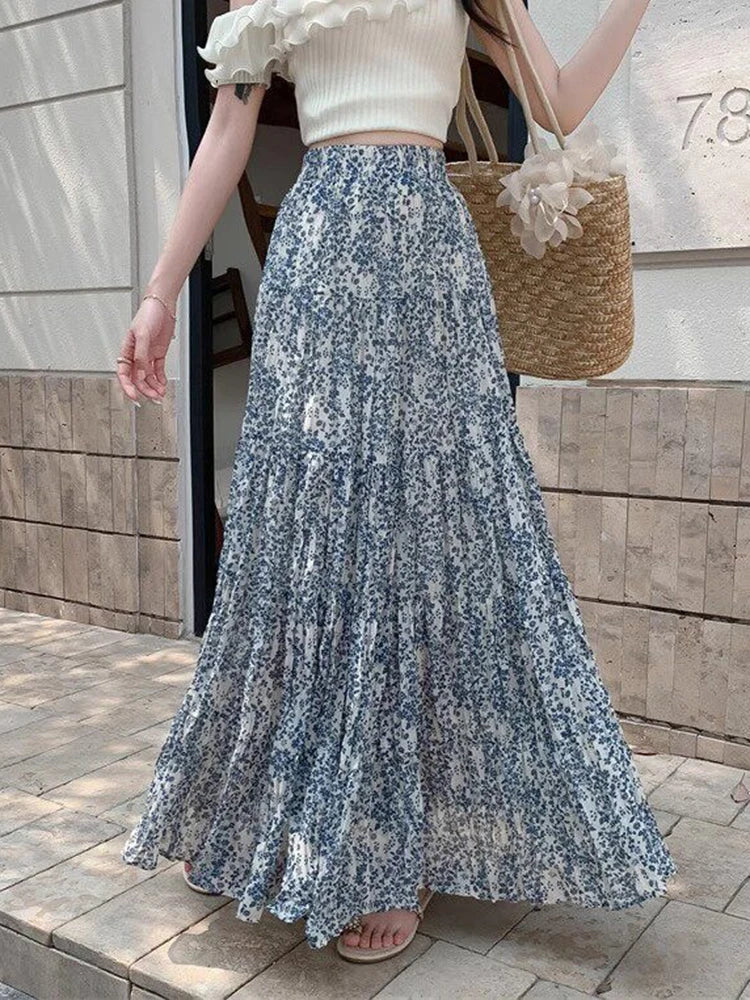 Chiffon Floral Long Skirt Women Elegant Sweet High Waist Fashion Skirts Summer Loose Casual Female Soft Pleated Chic Skirt New
