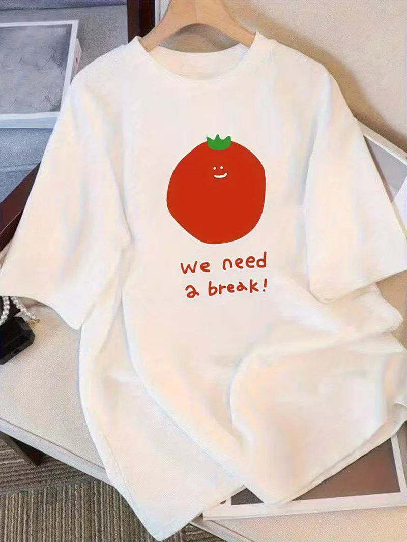 Cute Tomato Print Short Sleeve T-shirt Versatile Minimalist Crew Neck Tee Casual Korean Style Food Graphic Top for Women Girl