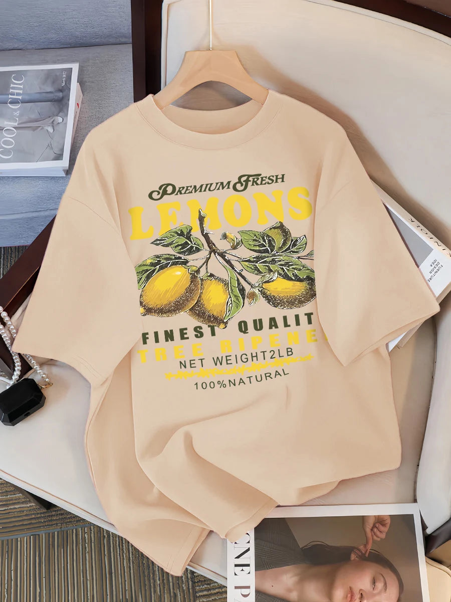 Lemons Fruits Premium Fresh Printing T Shirt Woman Loose Cotton Sportswear O-Neck Casual T Shirts Loose All-Match Short Sleeve