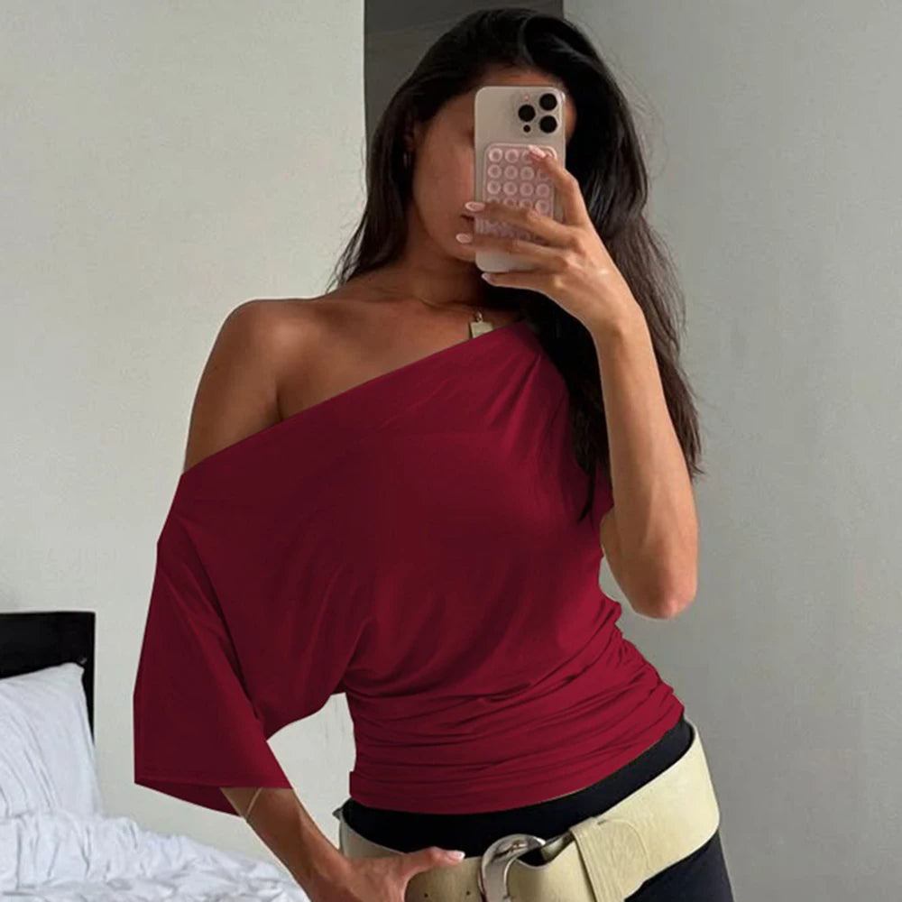 Talenza Summer One Shoulder Tops Fashion Slim Shrink Short Sleeve T-Shirts Sexy Party Y2k Streetwear Solid Pullover Tops Women
